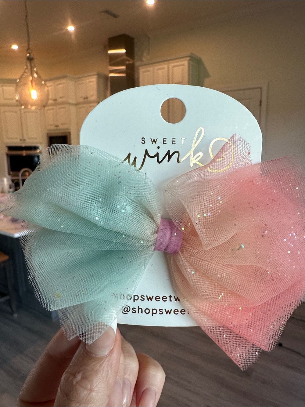 Sweet Wink Pastel Mint & Pink Sparkle Tulle Hair Bow for Kids
